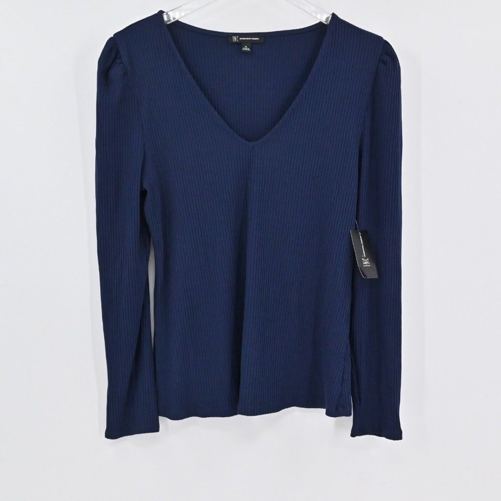 NEW INC INTERNATIONAL CONCEPTS Womens Navy Ribbed Puff Sleeve Top V-Neck Size XL - Picture 2 of 10